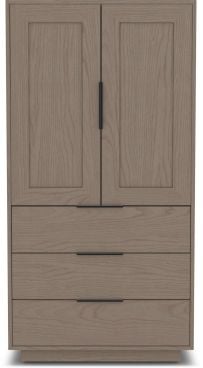 Modern wooden armoire with paneled doors and three spacious drawers, finished in a neutral wood tone with sleek black metal handles.