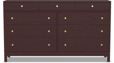 A nine-drawer appalachian wooden dresser with a sleek, modern design, featuring spacious storage and round metal knobs.