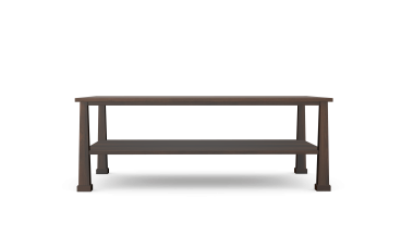 Solid wood rectangular coffee table with lower shelf in a minimalist design, made from dark walnut wood.