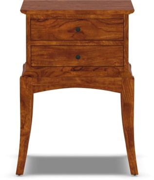 Elegant cherry wood two-drawer nightstand featuring gently curved legs and a minimalist silhouette, designed to blend seamlessly into both classic and contemporary bedroom interiors.