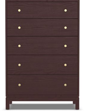 A tall wooden dresser with five spacious drawers, featuring a clean and modern design with round metal knobs.