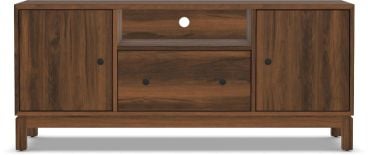 Modern media console with clean lines, dual cabinet doors, center drawer and open shelf with wire management, offering stylish and functional storage for living rooms or entertainment spaces.