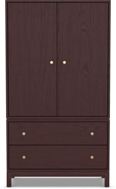 A tall wooden armoire with two cabinet doors and two spacious drawers, offering elegant bedroom storage.