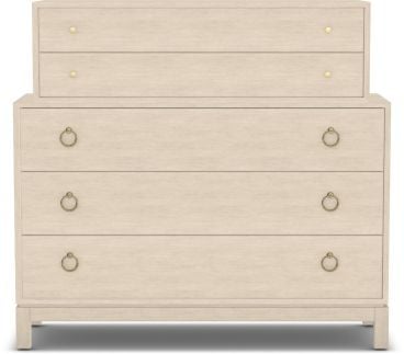 Elegant, multi-tiered dresser with a light wood finish, offering ample storage with its mix of spacious drawers and stylish brass hardware.