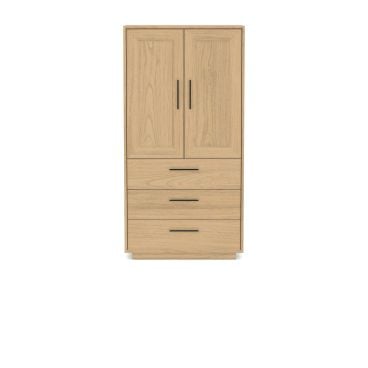 A wooden armoire featuring a two-door cabinet above three spacious drawers, combining functional storage with a sleek, modern design.