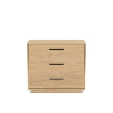 Front view of a wooden dresser with three spacious drawers and sleek metal handles, showcasing a clean and functional design.