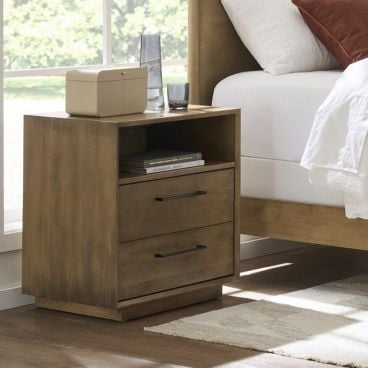 Nightstand with a top shelf and two drawers, featuring a sleek wooden design and functional storage for modern bedrooms.