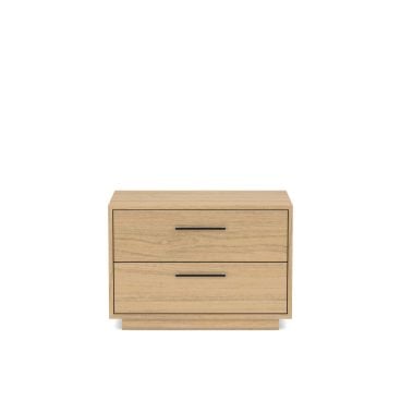 Two-drawer nightstand with inset drawer fronts, a plinth base, and modern hardware showcasing minimalist design.