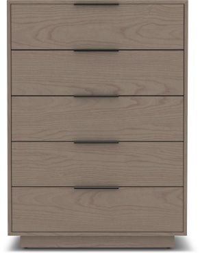 Modern five-drawer dresser in a light wood finish with sleek black metal handles, featuring a minimalist design.