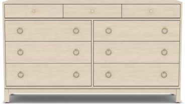 Solid wood dresser with nine drawers and sleek ring pull hardware, offering a modern design with ample storage space.