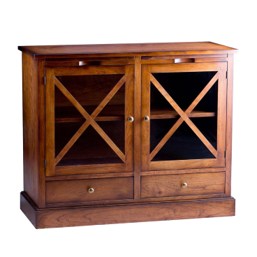 Handcrafted cherry wooden server with glass doors, adjustable shelving, and brass hardware, perfect for dining or living room storage.