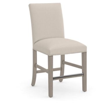 Counter-height upholstered chair with a gently curved backrest, padded seat, and sleek wooden frame, finished with a supportive metal footrest for added durability and comfort at kitchen counters or high-top dining tables.