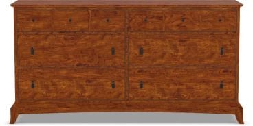 Nine-drawer wooden dresser made with real cherry wood, varied drawer sizes, and dark metal hardware.