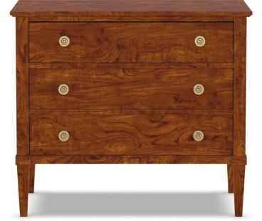 Three-drawer wooden dresser with elegant metal knob handles and tapered legs.