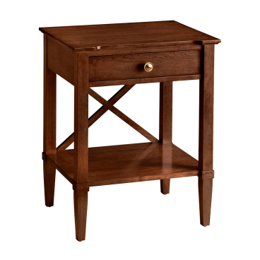 Solid wood nightstand with one drawer, brass knob, and open shelf, featuring cross-brace details for added charm.