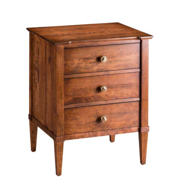 Solid cherry wood three-drawer nightstand with a timeless design, featuring elegant hardware and tapered legs.