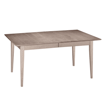 Elegant solid wood dining table with tapered legs and an extension leaf for versatile dining options.