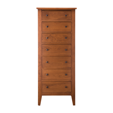 A real wood tall dresser made from sustainably sourced Appalachian ash, featuring smooth undermount drawer glides and burnished knobs.