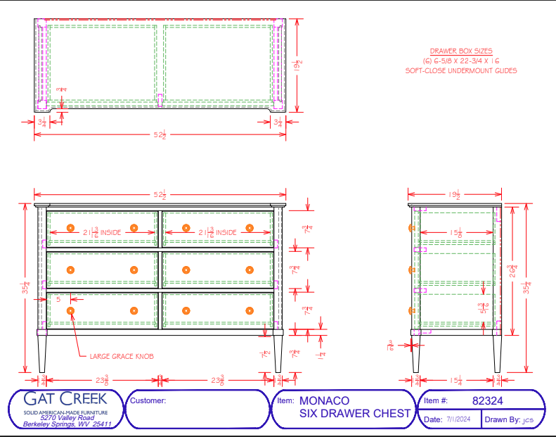draw drawers ラウンドカットT Monaco Six Drawer Dresser
