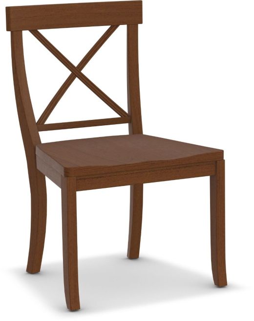 Classic solid wood X-back dining chair with a warm brown finish, gently curved legs, and a contoured seat.