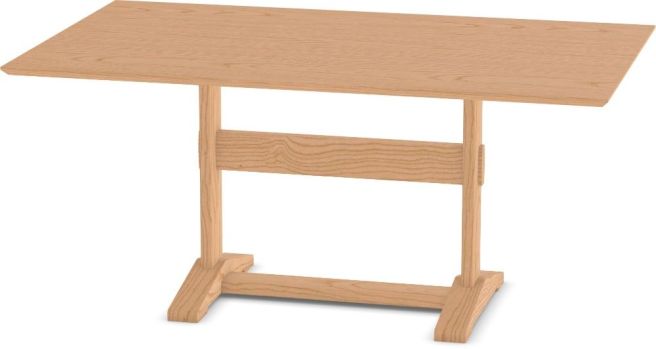Solid wood rectangular dining table with a sturdy trestle base, showcasing clean lines and natural grain details.