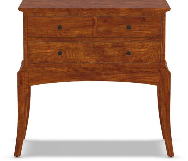 A cherry wood handcrafted two-drawer nightstand with curved legs and arched apron, offering a refined yet practical design perfect for bedside or accent use.