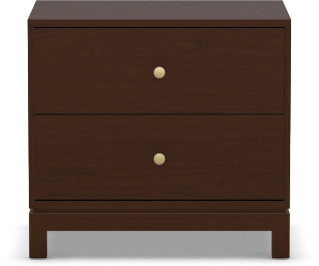 A handcrafted solid wood nightstand with two spacious drawers for bedside storage and organization.