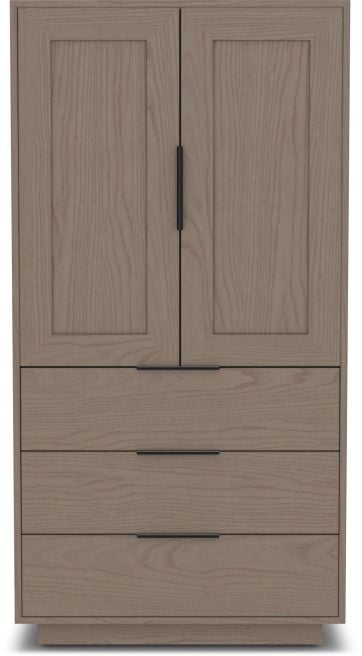 Modern wooden armoire with paneled doors and three spacious drawers, finished in a neutral wood tone with sleek black metal handles.