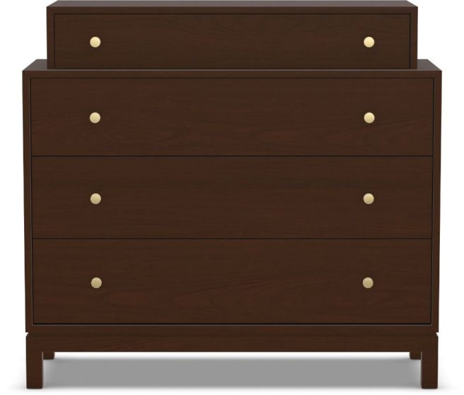 Handcrafted solid wood chest with an asymmetrical top drawer section, designed for stylish and functional bedroom storage.