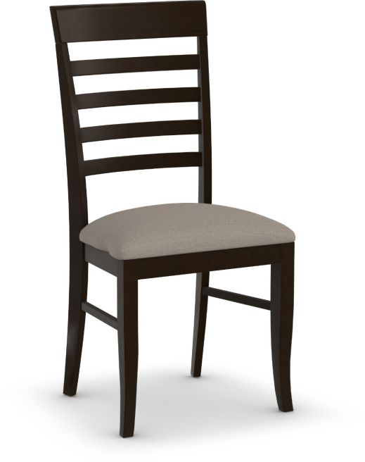 A wooden dining chair with a ladder-back design and an upholstered seat, offering both style and comfort.