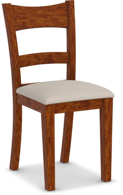 A solid wood dining chair with a ladder-back design and an upholstered seat in a neutral fabric.