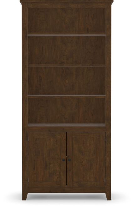 Wooden bookshelf with lower cabinet storage and clean, minimalist design.