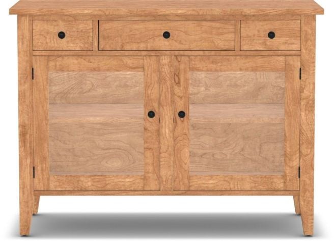 Appalachian hardwood media cabinet with three top drawers and two glass doors on bottom