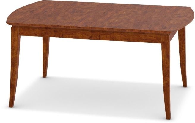 Solid cherry wood dining table with curved edges and tapered legs, showcasing natural wood grain and a warm finish