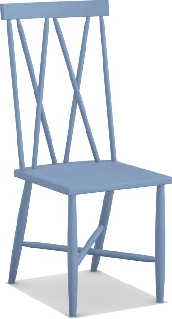 A handcrafted solid wood dining chair with an intricate spindle-back design, finished in a hand-applied blue paint for a timeless look.