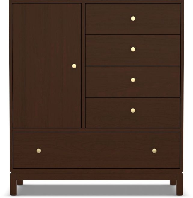 A handcrafted wooden gentleman’s chest featuring a combination of spacious drawers and a cabinet door for versatile bedroom storage.