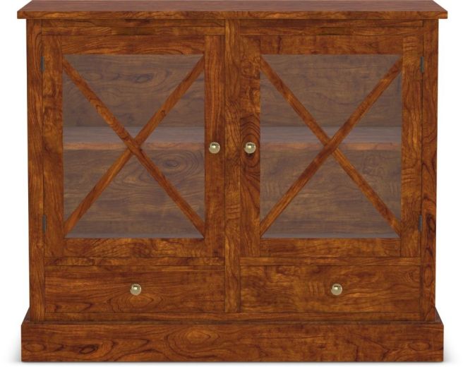 A solid wood two-door server with glass-paneled doors featuring an elegant X-shaped design, offering a stylish storage solution.