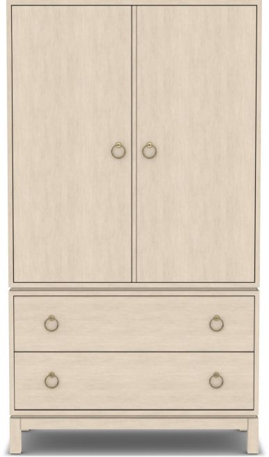 A classic wooden armoire in a light finish, featuring double doors with brass ring handles and two spacious drawers for storage.