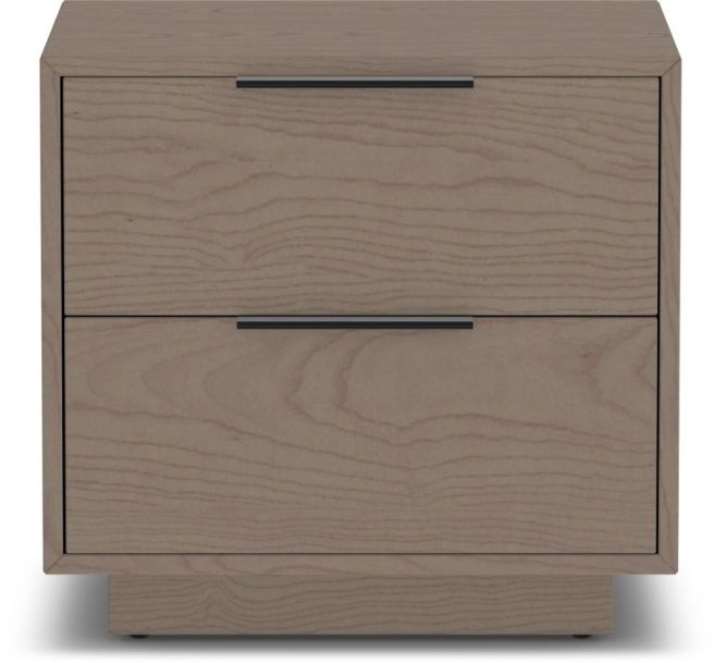 Two-drawer nightstand in a gray wood finish with clean lines and modern metal handles.