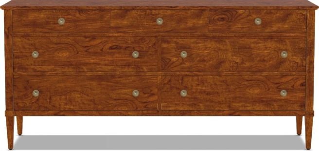 Solid cherry wood Monaco Dresser shown in finish stain color Heritage Russet with satin brass knobs.