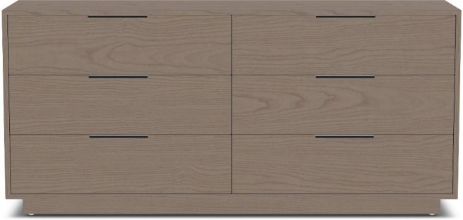 Modern six-drawer dresser in a neutral wood finish, featuring sleek recessed handles for a minimalist aesthetic.