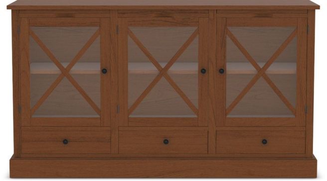 A solid wood three-door server with glass panels and an X-shaped design, offering ample storage space with lower drawers and adjustable shelves.