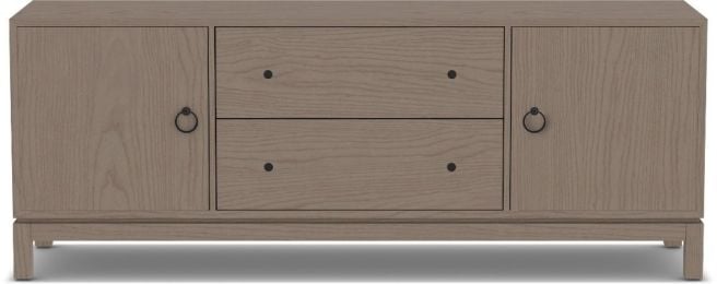 Solid wood media cabinet with drawers and doors.