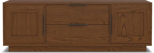 Wooden media console with two drawers and side cabinets, featuring sleek metal handles and a minimalist design.
