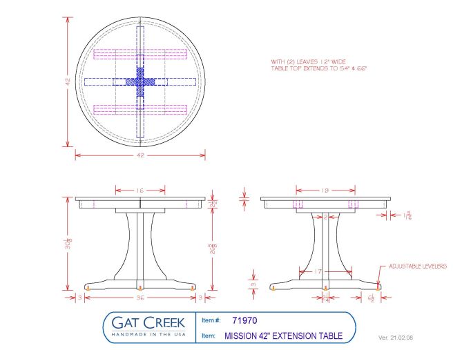 Drawings and dimensions for the Mission Round Extension Table