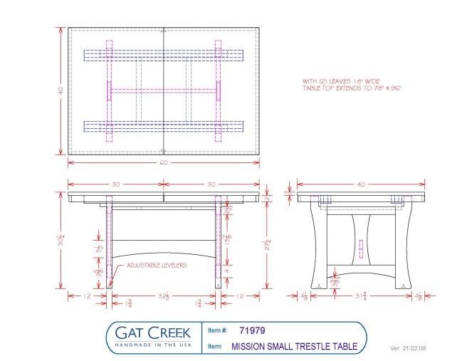 Drawings and dimensions for the Mission Trestle Table