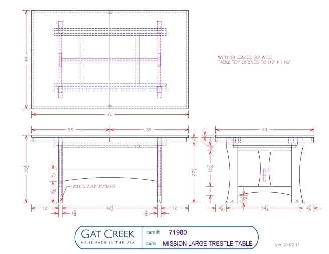 Drawings and dimensions for the Mission Trestle Table