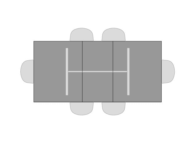 Visual of seating for Mission Trestle Table with one leaf and six seats