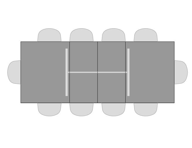 Visual of seating for Mission Trestle Table with two leaves and ten seats