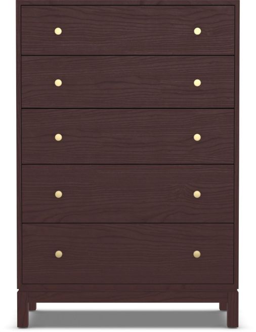 A tall wooden dresser with five spacious drawers, featuring a clean and modern design with round metal knobs.